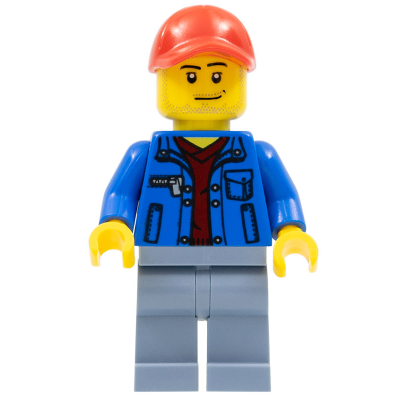 Blue Jacket over Dark Red V-Neck Sweater, Sand Blue Legs, Red Cap with Hole, Smirk and Stubble Beard | cty0546