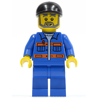Blue Jacket with Pockets and Orange Stripes, Blue Legs, Black Short Bill Cap, Gray Beard | cty0290