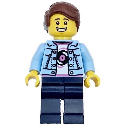 Burger Truck Customer - Male, Bright Light Blue Denim Jacket over Shirt with Record, Dark Blue Legs, Reddish Brown Hair with Cochlear Implant | twn496