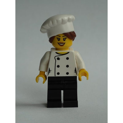 Chef - Black Legs, Open Mouth Smile, Hair in Bun, 'LEGO HOUSE Home of the Brick' on Back, Female | chef026