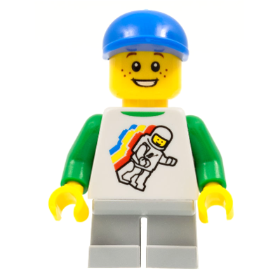 Classic Space Minifigure Floating Pattern, Light Bluish Gray Short Legs, Blue Short Bill Cap | twn166