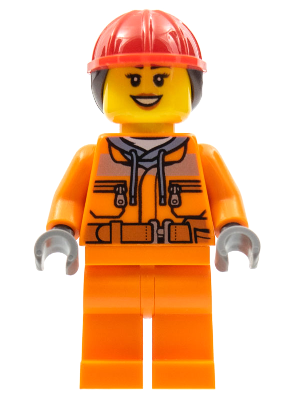 Construction Worker - Female, Orange Safety Jacket, Reflective Stripe, Sand Blue Hoodie, Orange Legs, Red Construction Helmet with Dark Brown Ponytail Hair, Peach Lips | cty0528