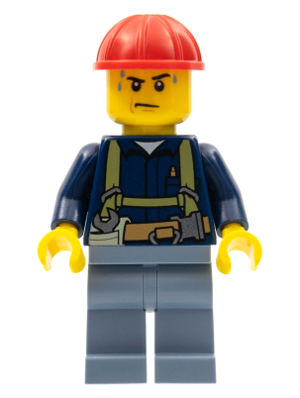 Construction Worker - Shirt with Harness and Wrench, Sand Blue Legs, Red Construction Helmet, Sweat Drops | cty0530