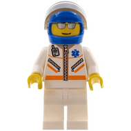 Médecin - Homme, veste zippée avec insigne d'ambulancier, jambes blanches, casque bleu, visière marron clair, lunettes de soleil argentées | cty0081