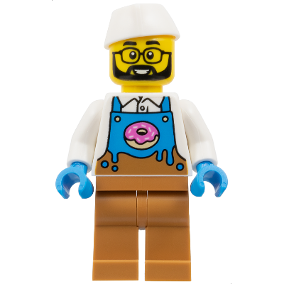 Donut Truck Vendor - Male, Dark Azure and Medium Nougat Apron with Donut over White Shirt, Medium Nougat Legs, White Butcher / Food Service Cap, Glasses, Beard | cty1860