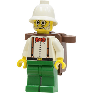 Dr Kilroy / Dr Charles Lightning - Chemise blanche et bretelles, pantalon vert, casque colonial blanc, sac à dos marron | adv040