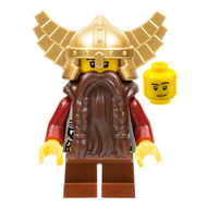 Fantasy Era - Dwarf, Dark Brown Beard, Metallic Gold Helmet with Wings, Dark Red Arms, Smirk and Stubble Beard | cas356