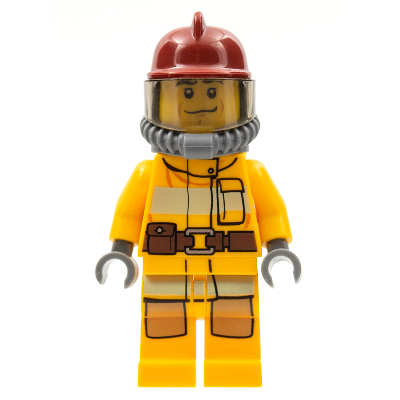 Fire - Bright Light Orange Fire Suit with Utility Belt, Dark Red Fire Helmet, Yellow Air Tanks, Black Eyebrows, Chin Dimple | cty0307