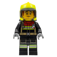 Fire - Male, Black Jacket and Legs with Reflective Stripes and Red Collar, Neon Yellow Fire Helmet, Trans-Brown Visor, Dark Orange Sideburns (Bob) | cty1362