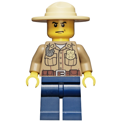 Forest Police - Dark Tan Shirt with Pockets, Radio and Gold Badge, Dark Blue Legs, Campaign Hat, Angry Eyebrows and Scowl, White Pupils | cty0273