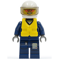 Police forestière - Pilote d'hélicoptère, combinaison de vol bleu foncé avec insigne, casque, boucle centrale de gilet de sauvetage, lunettes de soleil orange | cty0277