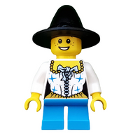 Fille, chapeau de magicien/sorcière noir, corset de pirate, jambes courtes bleu foncé, taches de rousseur