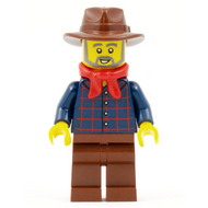 Chercheur d'or - Homme, chemise à carreaux bleu foncé, jambes brun rougeâtre, chapeau fedora brun rougeâtre, bandana rouge, barbe | edu023