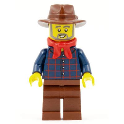 Gold Prospector - Male, Dark Blue Plaid Button Shirt, Reddish Brown Legs, Reddish Brown Fedora Hat, Red Bandana, Beard | edu023