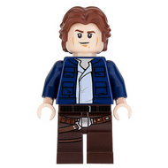 Han Solo, jambes marron foncé avec motif d'étui, veste bleu foncé, cheveux ondulés | sw0879