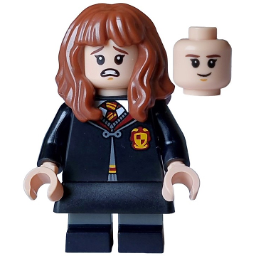 Hermione Granger - Gryffindor Robe Clasped, Black Skirt, Black Short Legs with Dark Bluish Gray Stripes, Open Mouth Scared / Closed Mouth Grin | hp468