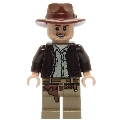 Indiana Jones - Veste marron foncé, chapeau Fedora marron rougeâtre, sourire asymétrique à la bouche ouverte | iaj044