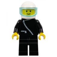 Veste zippée - Noire, jambes noires, casque blanc, visière bleu clair translucide | zip020