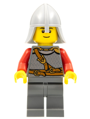Kingdoms - Lion Knight Scale Mail with Chest Strap and Belt, Helmet with Neck Protector, Black Eyebrows, Thin Grin | cas478a