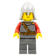 Royaumes - Armure de chevalier lion avec plastron et ceinture, casque avec protège-nuque, sourcils noirs, sourire fin | cas478a