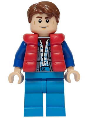 Marty McFly - Doudoune rouge sans manches sur veste bleu sable, manches bleues | sc138