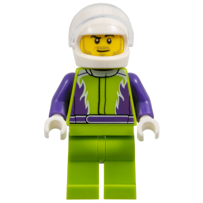 Monster Truck Driver, Lime Legs and Jacket with Purple Flames and Arms, White Helmet | cty1107
