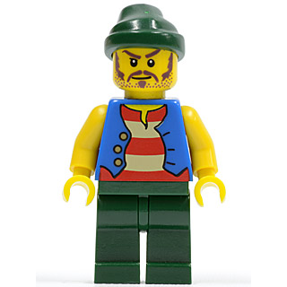 Gilet bleu pirate, jambes vert foncé, bandana vert foncé, longue moustache brune | pi099