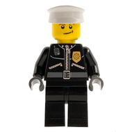 Police - City Leather Jacket with Gold Badge and 'POLICE' on Back, White Hat, Lopsided Smile | cty0256