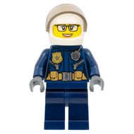 Police - City Motorcyclist Female, Leather Jacket with Gold Badge and Utility Belt, White Helmet, Trans-Brown Visor, Glasses, and Open Mouth Smile | cty1363