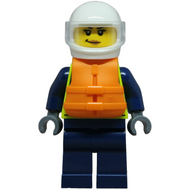Police - Agente municipale, gilet de sécurité jaune fluo, pantalon bleu foncé, casque blanc, visière transparente, gilet de sauvetage orange | cty1853