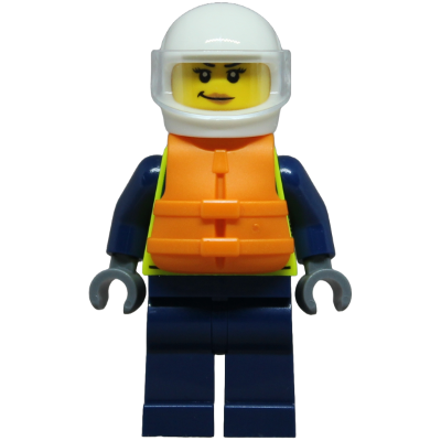 Police - City Officer Female, Neon Yellow Safety Vest, Dark Blue Legs, White Helmet, Trans-Clear Visor, Orange Life Jacket | cty1853