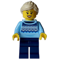 Winter Market Stall Vendor - Female, Bright Light Blue Knit Fair Isle Sweater, Dark Blue Legs, Tan Ponytail | hol331