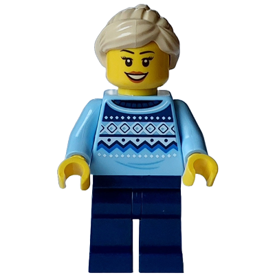 Winter Market Stall Vendor - Female, Bright Light Blue Knit Fair Isle Sweater, Dark Blue Legs, Tan Ponytail | hol331