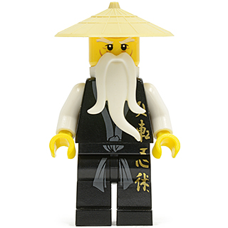 Wu Sensei - Black Kimono with Gold Symbols, Dark Bluish Gray Sash, Tan Asian Hat, White Beard | njo0026