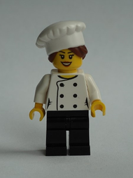 Chef - Black Legs, Open Mouth Smile, Hair in Bun, 'LEGO HOUSE Home of the Brick' on Back, Female | chef026
