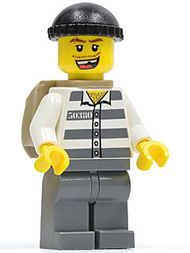 Police - Jail Prisoner 50380 Prison Stripes, Dark Bluish Gray Legs, Black Knit Cap, Missing Tooth, Backpack | cty0217