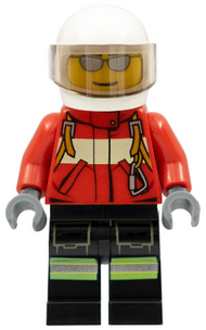 Fire - Pilot Male, Red Fire Suit with Carabiner, Reflective Stripes on Black Legs, White Helmet, Silver Sunglasses | cty0349