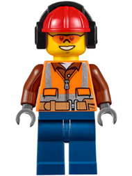 Construction Worker - Male, Orange Safety Vest, Reflective Stripes, Reddish Brown Shirt, Dark Blue Legs, Red Construction Helmet with Black Ear Protectors / Headphones, Safety Glasses | cty0527