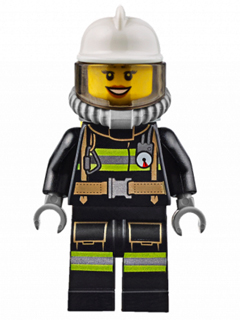 Fire - Reflective Stripes with Utility Belt, White Fire Helmet, Breathing Neck Gear with Air Tanks, Trans-Brown Visor, Peach Lips Open Mouth Smile | cty0629