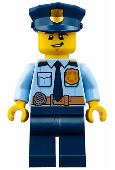 Police - City Shirt with Dark Blue Tie and Gold Badge, Dark Tan Belt with Radio, Dark Blue Legs, Police Hat with Gold Badge, Lopsided Grin | cty0743