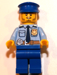 Police - City Shirt with Dark Blue Tie and Gold Badge, Dark Tan Belt with Radio, Blue Legs, Blue Police Hat, Black Stubble and Raised Right Eyebrow | cty0752