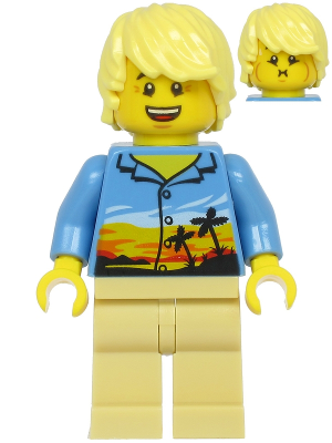 Passager d'avion - Homme, cheveux blond clair, chemise hawaïenne bleu moyen, jambes bronzées | cty1184