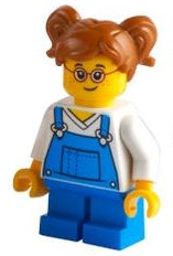 Child - Girl, Blue Overalls over V-Neck Shirt, Blue Short Legs, Dark Orange Hair with Pigtails, Glasses, Freckles | cty1226