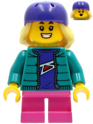 Child - Girl, Dark Turquoise Jacket over Dark Purple Shirt, Dark Pink Short Legs, Dark Purple Bicycle Helmet with Bright Light Yellow Hair | cty1230