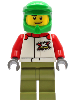 Wheelchair Athlete - Male, White and Red Racing Suit with 'XTREME' Logo, Olive Green Legs, Bright Green Dirt Bike Helmet, Stubble | cty1231