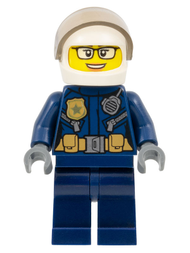 Police - City Motorcyclist Female, Leather Jacket with Gold Badge and Utility Belt, White Helmet, Trans-Brown Visor, Glasses, and Open Mouth Smile | cty1363