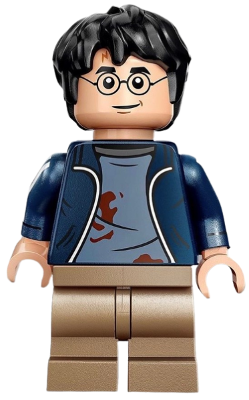 Harry Potter - Dark Blue Open Jacket over Sand Blue Shirt with Dirt Stains, Printed Arms, Dark Tan Medium Legs | hp419