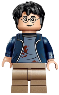 Harry Potter - Dark Blue Open Jacket over Sand Blue Shirt with Dirt Stains, Printed Arms, Dark Tan Medium Legs | hp419