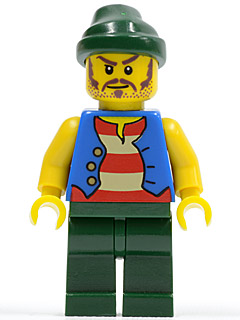 Gilet bleu pirate, jambes vert foncé, bandana vert foncé, longue moustache brune | pi099