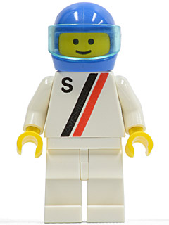 « S » - Blanc avec bande rouge/noire, jambes blanches, casque bleu | s012